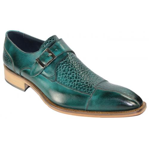 Duca Di Matiste 120 Teal Genuine Calfskin / Calfskin Print Loafer Monk Strap Shoes.